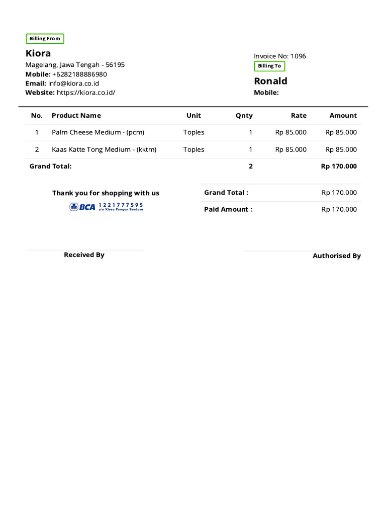 Invoice for Palm Cheese and Kaas Katte | PDF