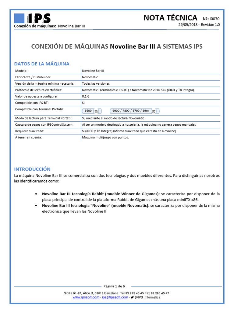 I0070 Conexión de Máquinas Novoline Bar III A Sistemas IPS v1.0 | PDF ...