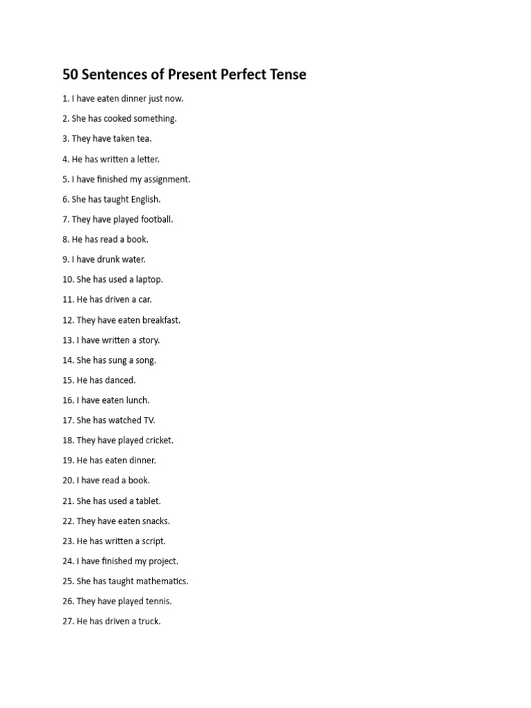 150 Examples of Perfect Tenses | PDF | Lunch | Foods