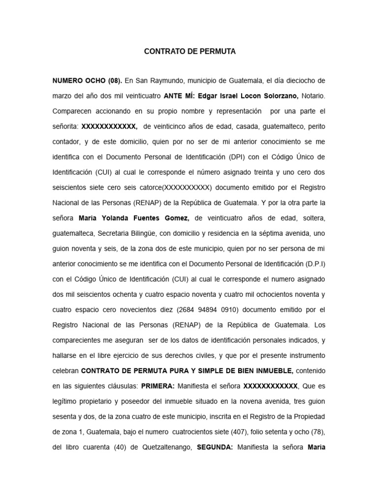 Escritura de Permuta de Bienes Inmuebles | PDF | Guatemala