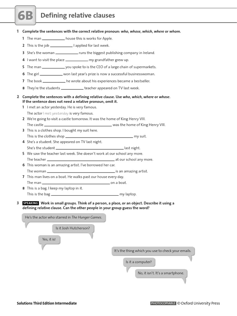 Defining Relative Clauses Exercises | PDF | Sentence (Linguistics ...