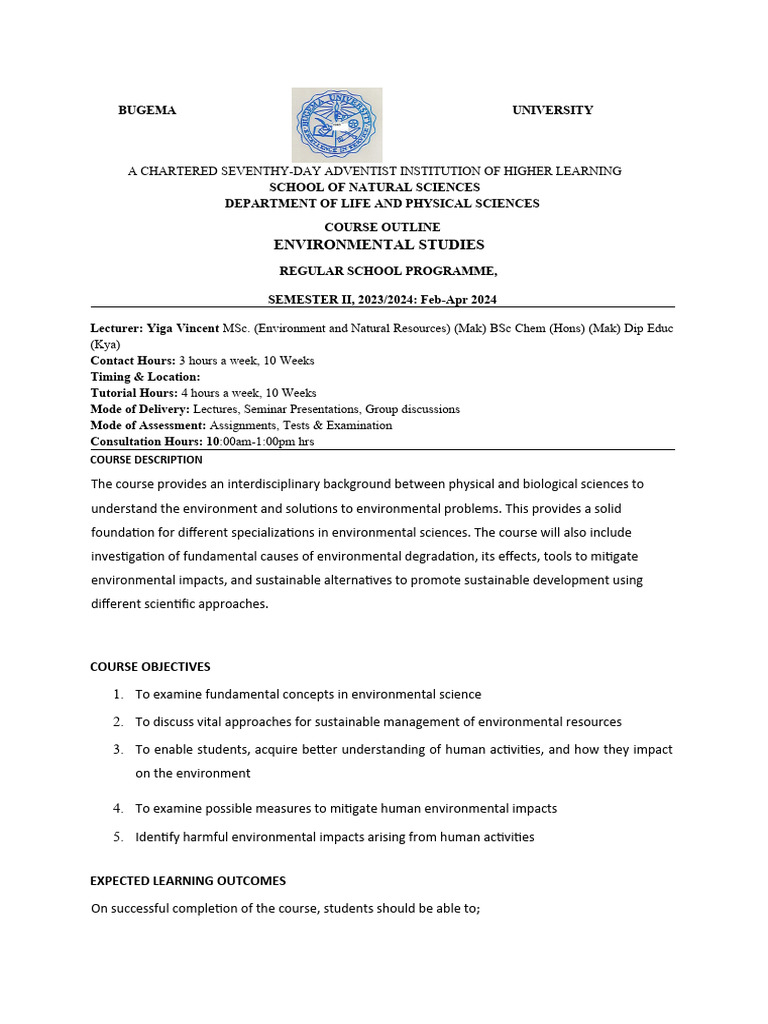 Environmental Studies Course Outline | PDF | Ecology | Sustainability