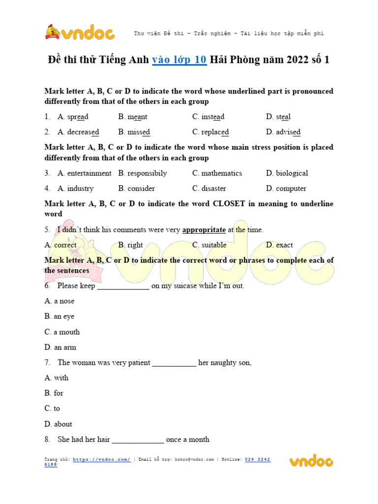De Thi Thu Tieng Anh Vao Lop 10 Hai Phong Nam 2022 So 1 | PDF ...