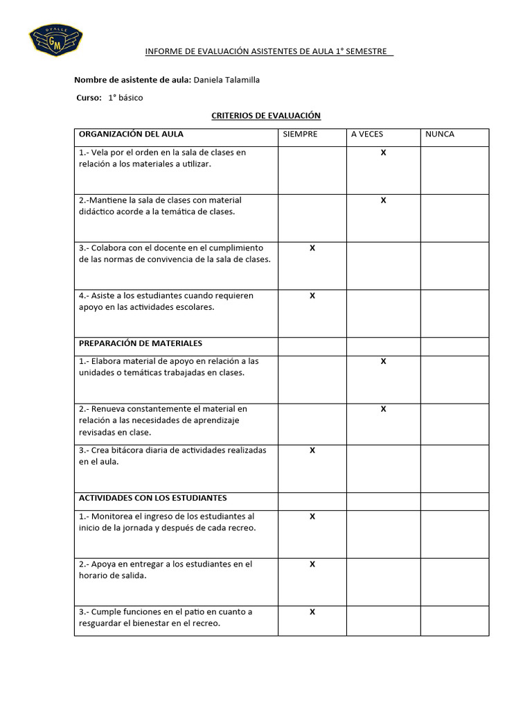 Evaluación Asistentes de Aula 1° Semestre | PDF | Evaluación | Salón de ...