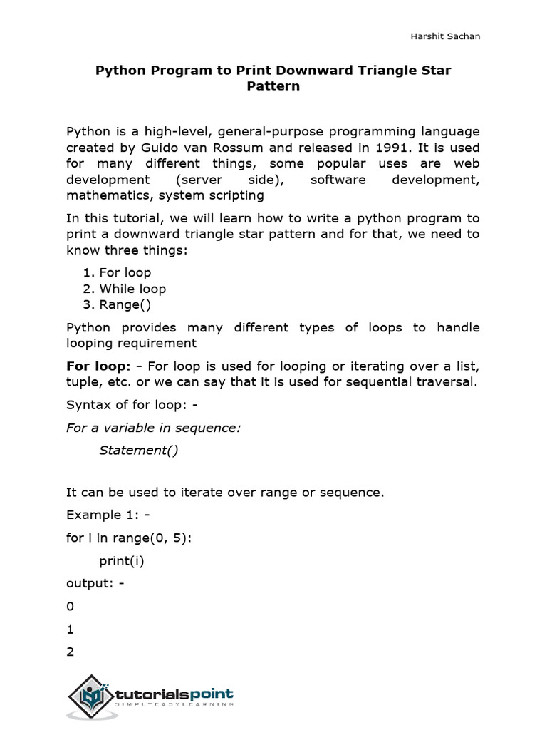 Python Program To Print Downward Triangle Star Pattern | PDF | Python ...