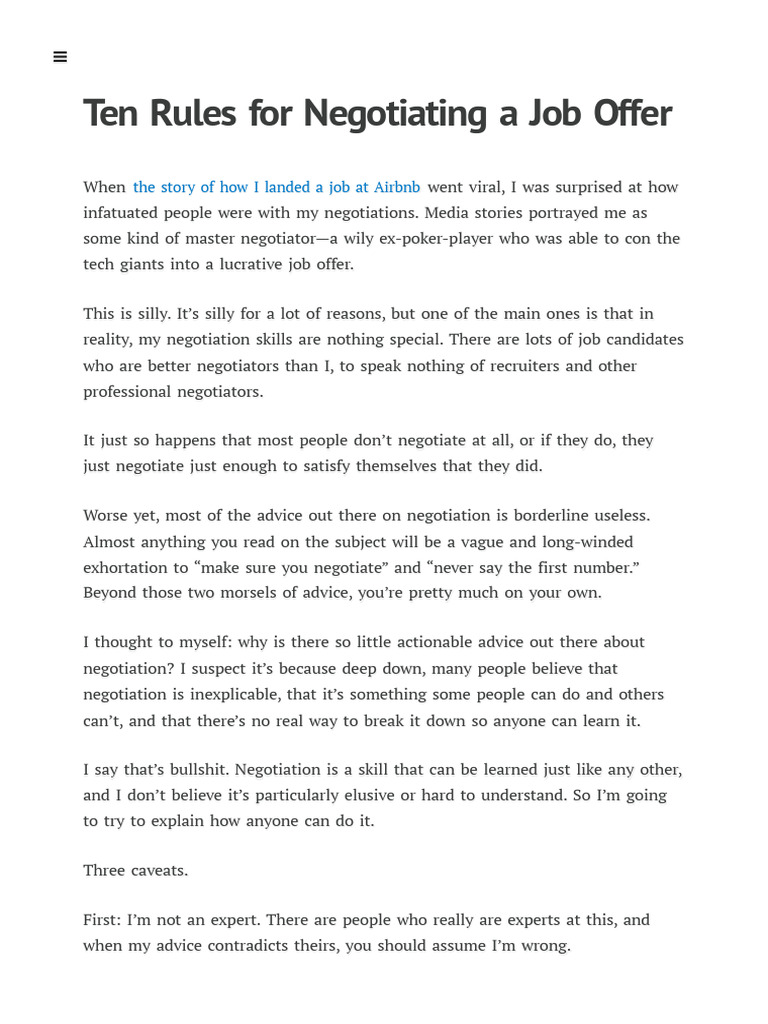 Ten Rules For Negotiating A Job Offer - Haseeb Qureshi | PDF ...