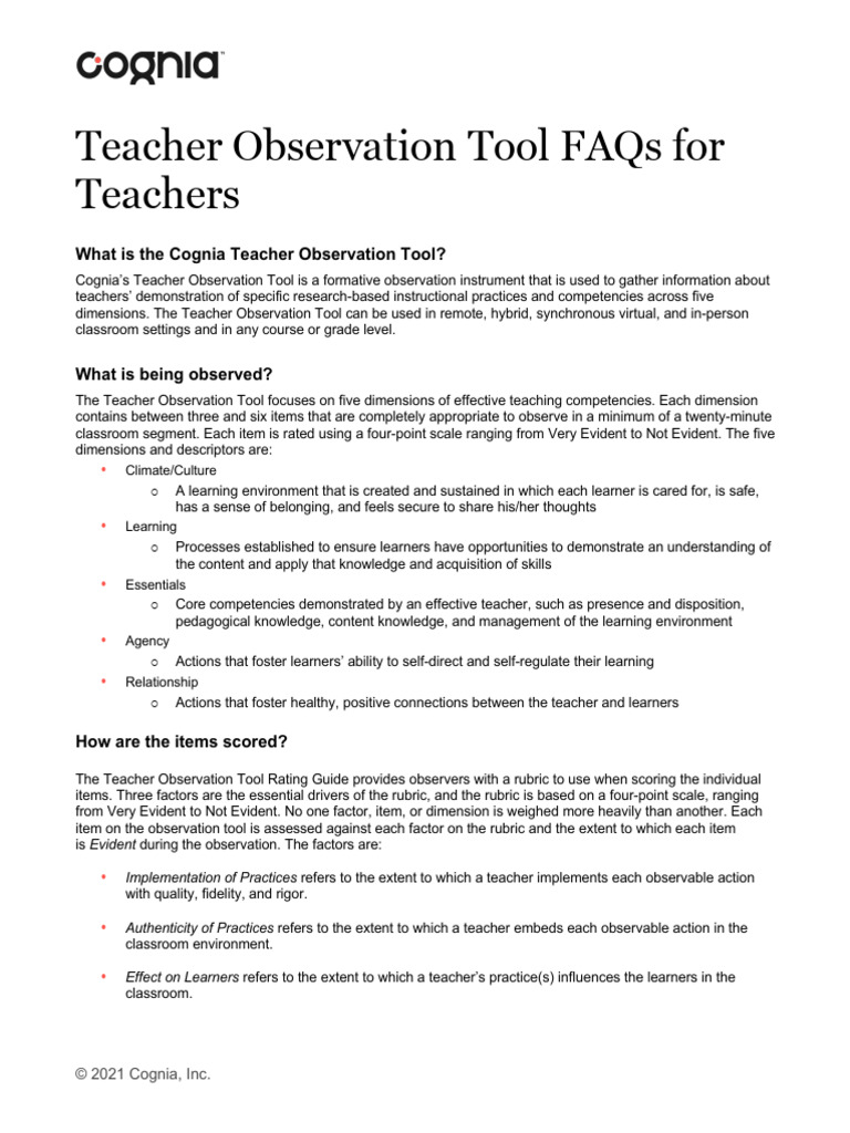 Teacher Observation Tool Faqs Teachers Pdf Teachers Learning