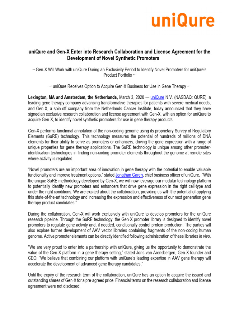 Uniqure PR - GenX - Collaboration - Agreement - FINAL - VERSION - 3 - 2 ...