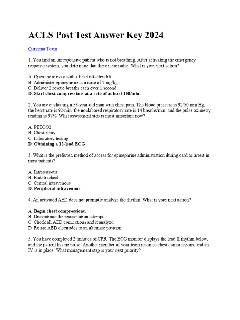 ACLS Post Test Answer Key 2024 | PDF | Cardiopulmonary 