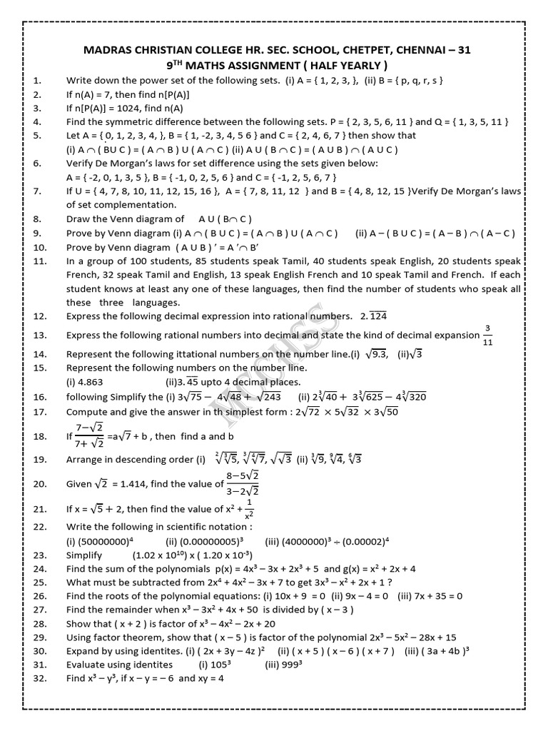 9th Grade Maths Half Yearly Assignment | PDF | Triangle | Circle
