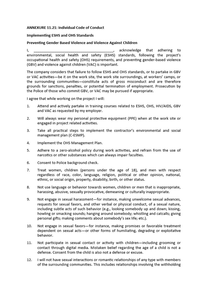 ESHS and OHS Code of Conduct | PDF | Human Sexual Activity | Violence