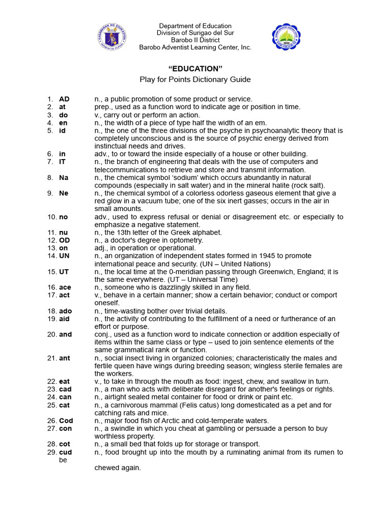 Education Play for Points Dictionary Guide | PDF
