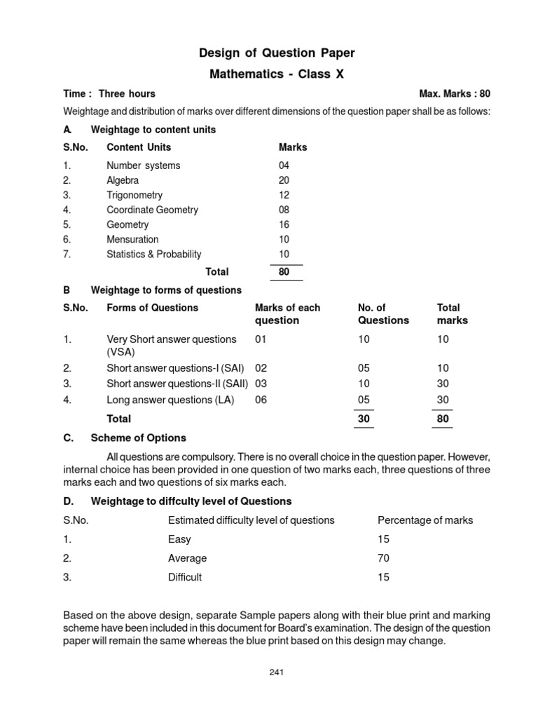 Design of Question Paper Mathematics - Class X: Time: Three Hours Max ...
