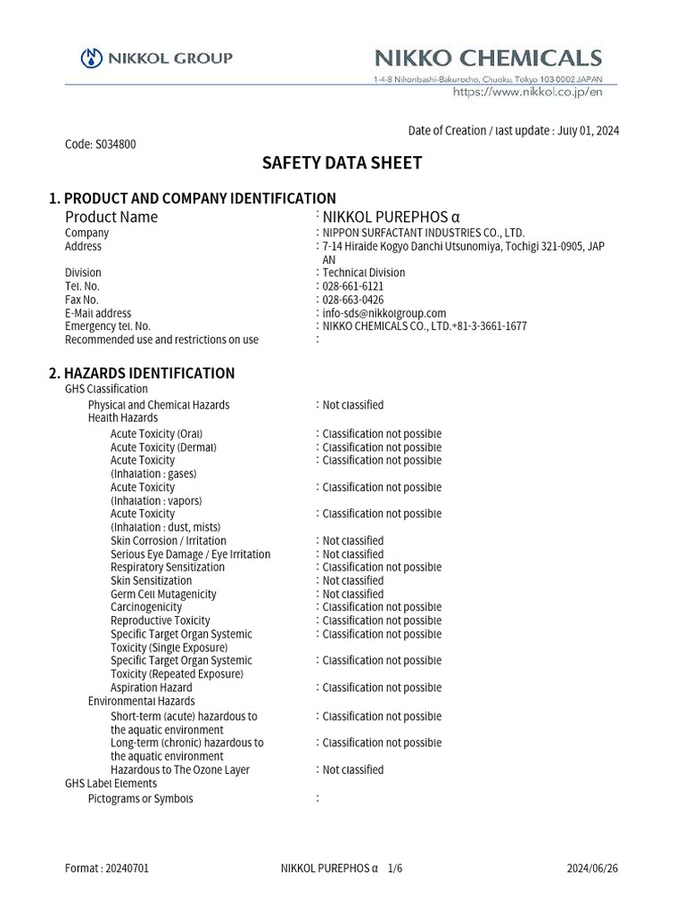 Nikkol Purephos α Sds (e) s034800 20240701 | PDF | Toxicity | Fires