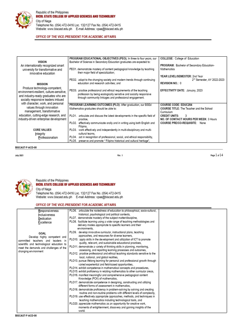 The teacher and the school curriculum bsed math 2nd year pdf