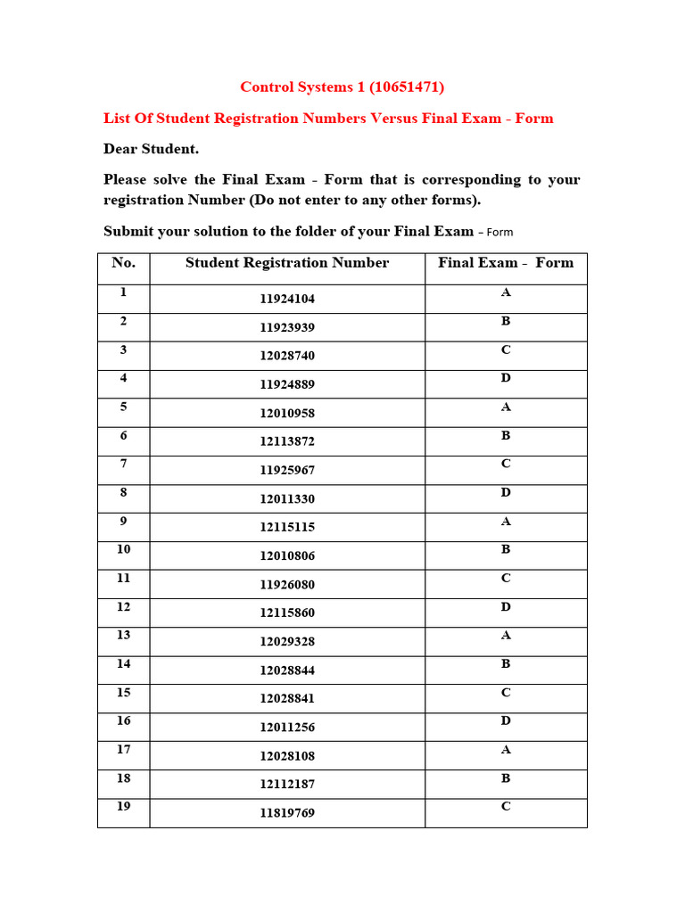Final Exam Registration Numbers List | PDF