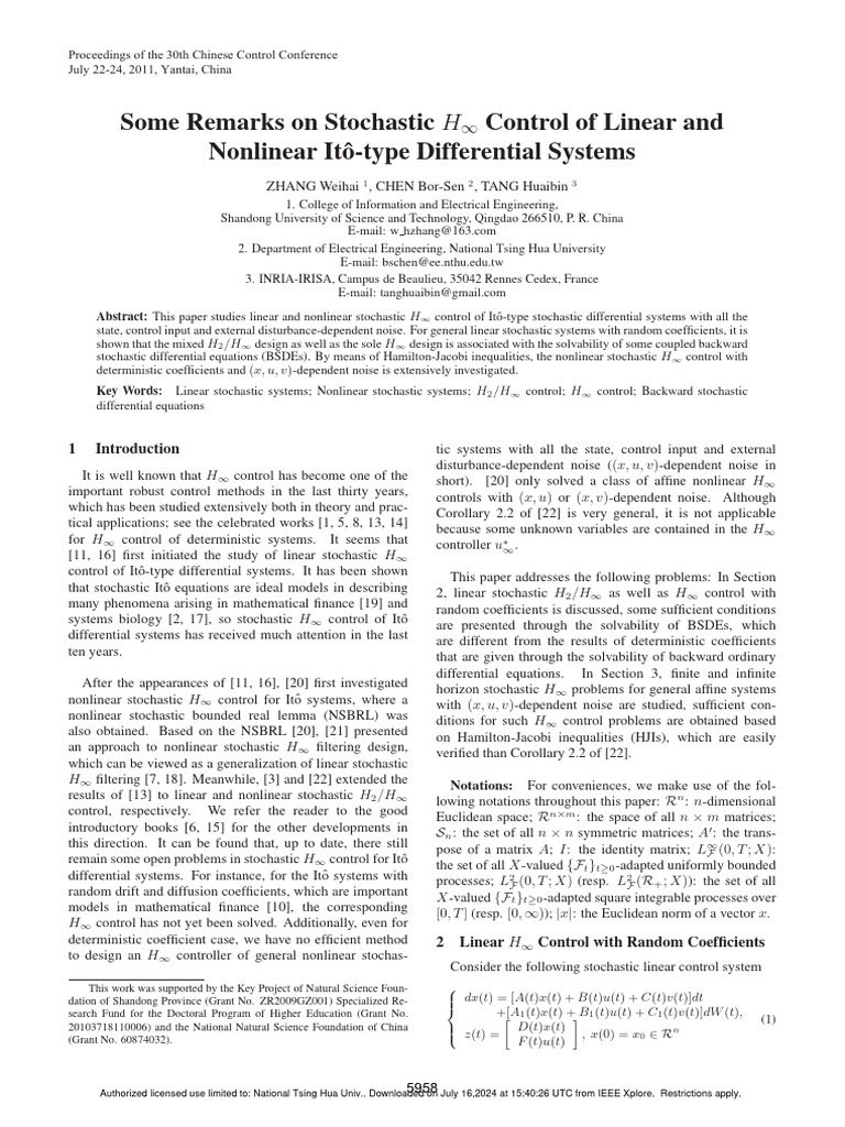Some Remarks On Stochastic H Control of Linear and Nonlinear It-Type ...
