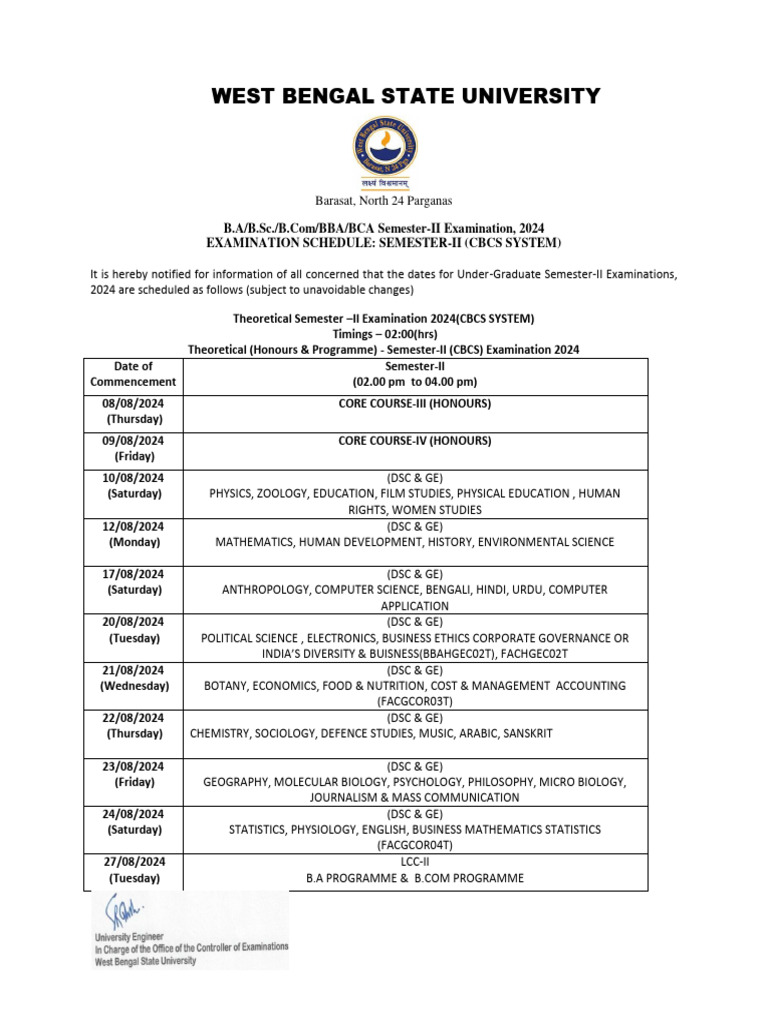 WB State University Semester-II Exam Schedule 2024 | PDF | Science ...
