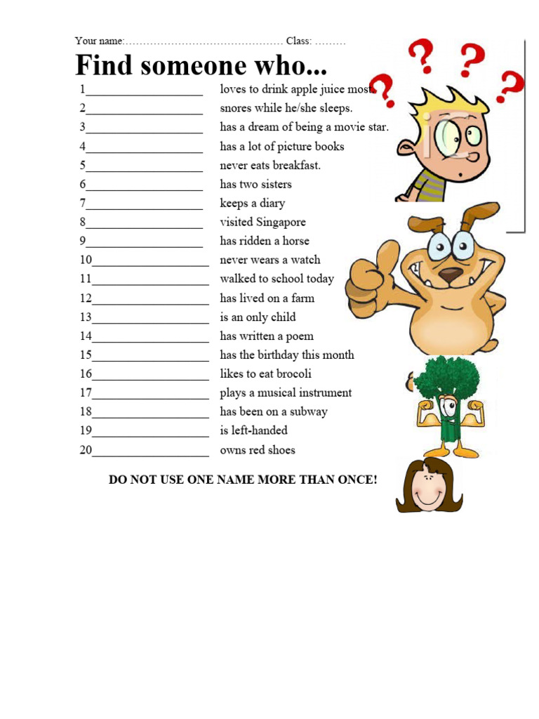Find Someone Who: Class Activity Sheet | PDF