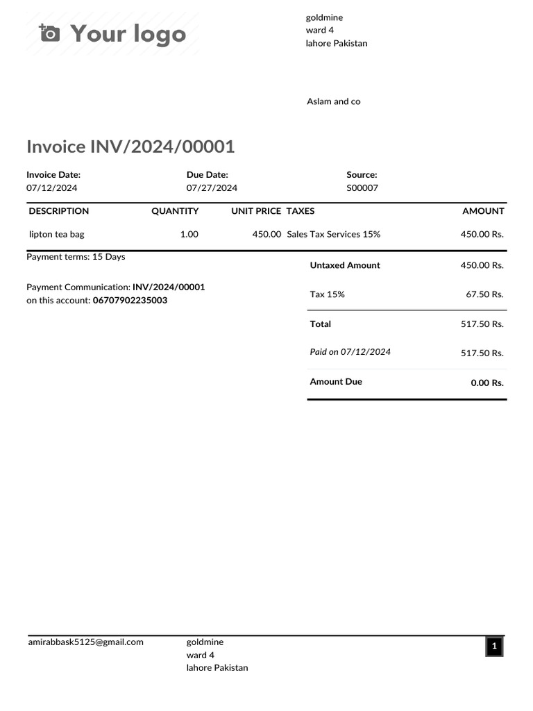 Invoice for Lipton Tea Bags - Aslam & Co | PDF