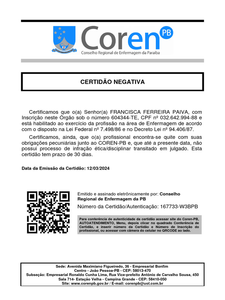 Certidão Negativa COREN-PB 2024 | PDF | Direito