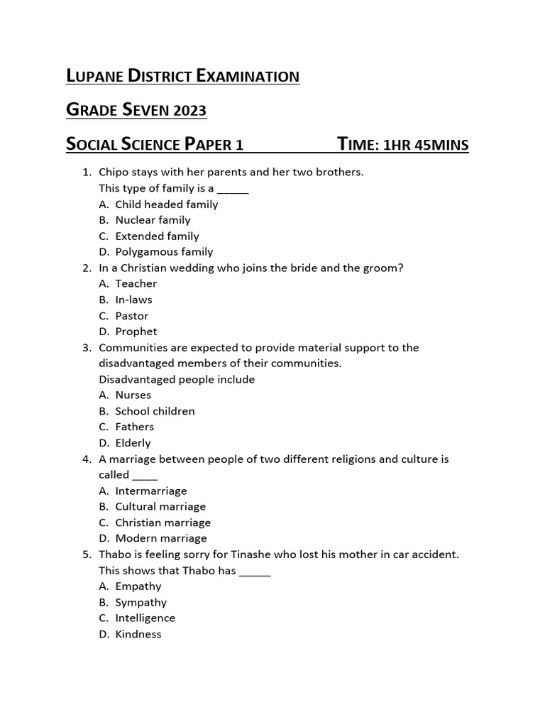 2023 Grade 7 Social Science Exam Paper | PDF | Jesus | Marriage
