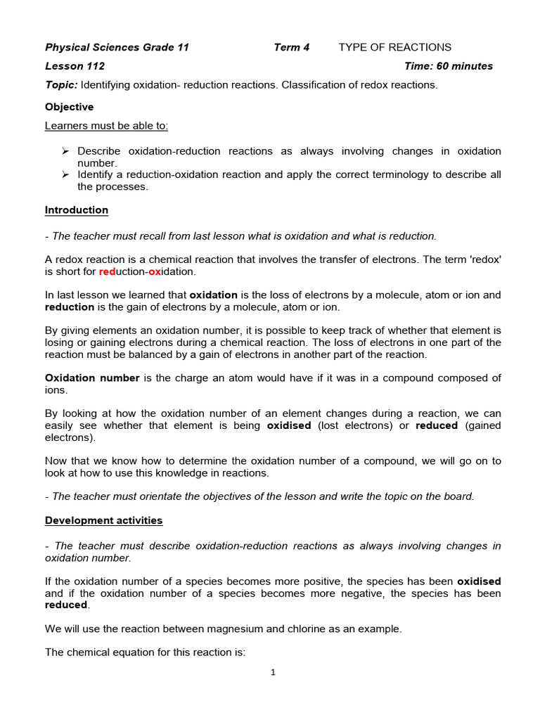 Grade 11 Redox Reactions Explained | PDF | Redox | Chemical Reactions