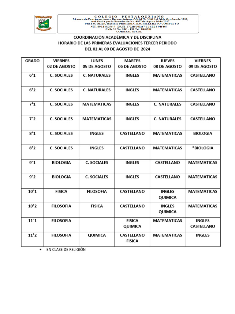 Horario Evaluaciones 3er Periodo 2024 | PDF | Estudios de idiomas ...