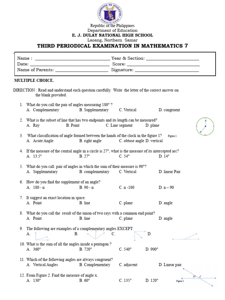 Math 7 Third Periodical Exam | PDF | Angle | Circle