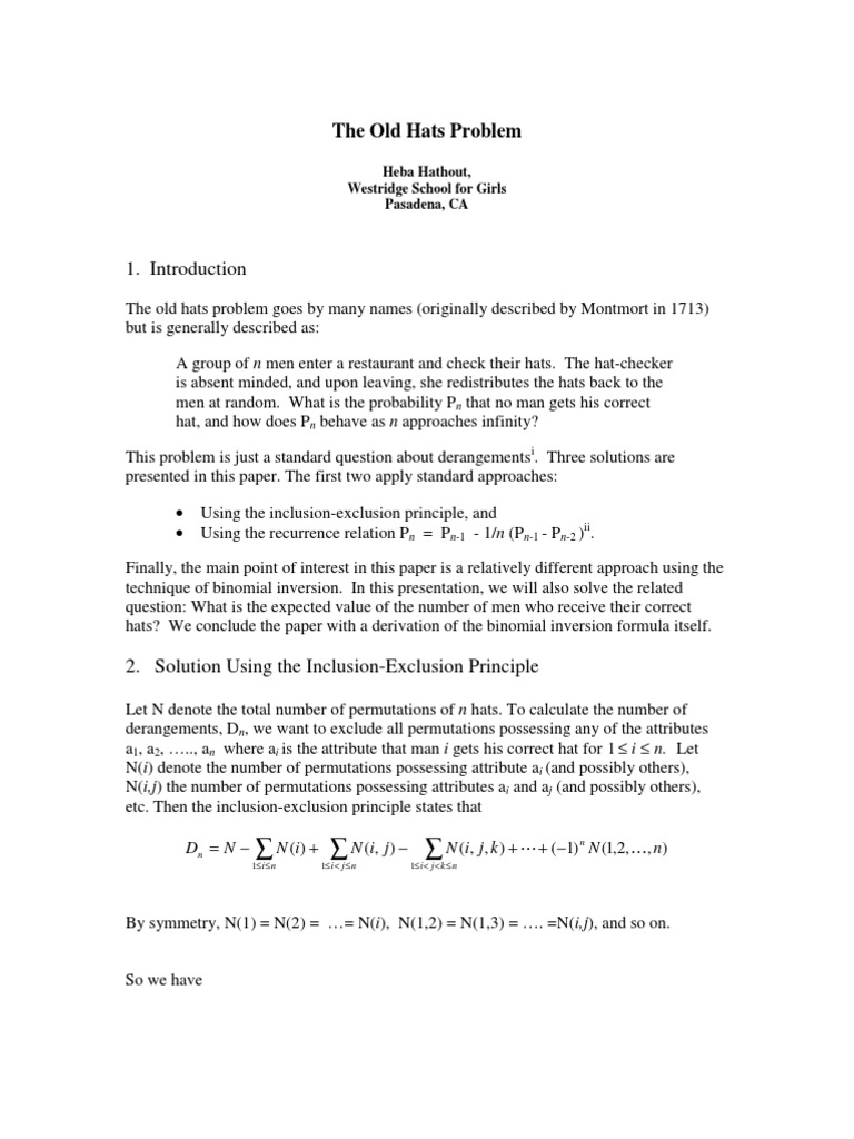Old Hats Problem: Derangements & Probabilities | PDF | Mathematical ...