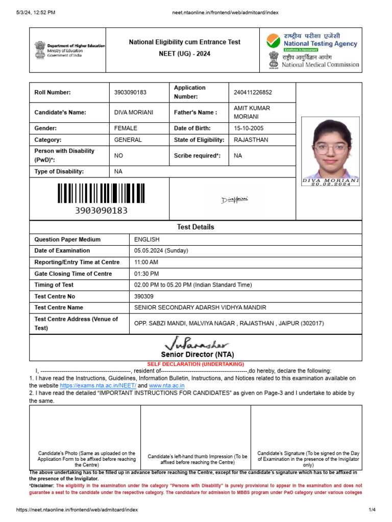 Neet Admit Card Pdf Identity Document