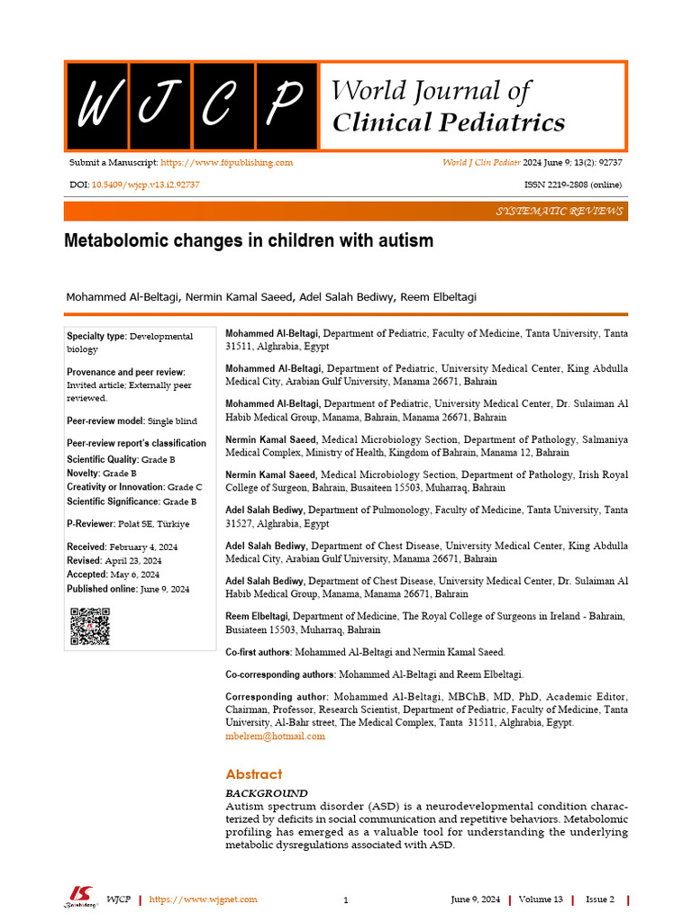 Metabolic Changes in Children With Autism | PDF | Autism Spectrum ...