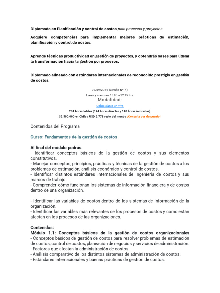 Diplomado en Control de Costos de Proyectos | PDF | Presupuesto ...
