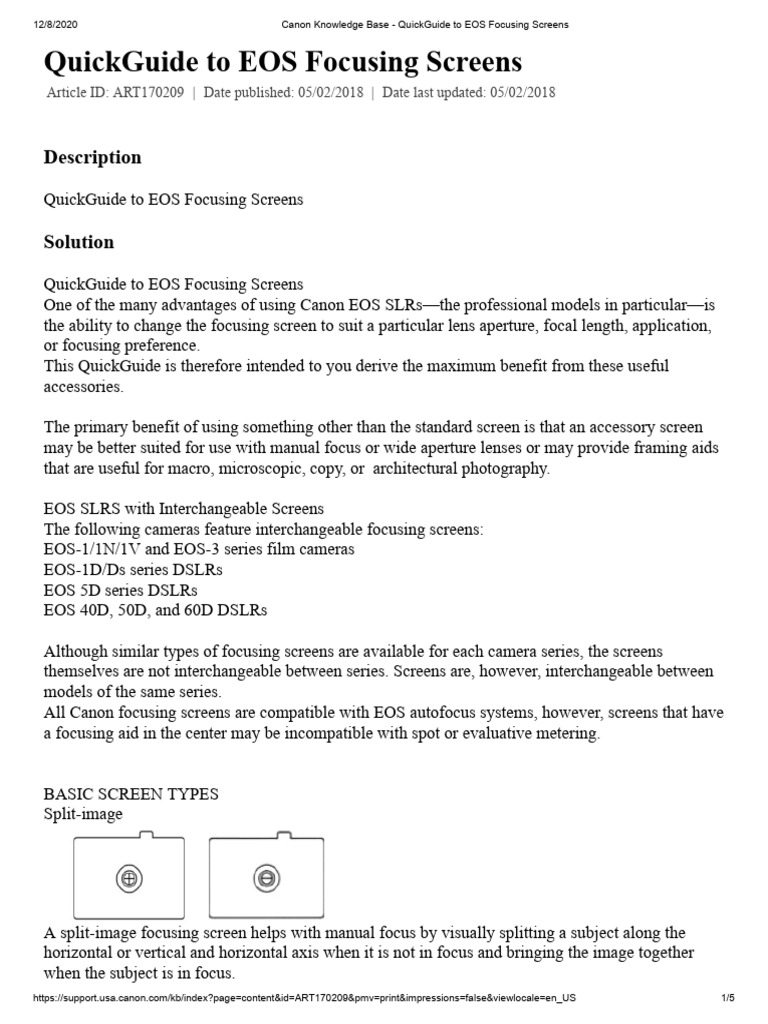 Canon EOS Focusing Screens Guide | PDF | Canon Eos | Digital Single ...
