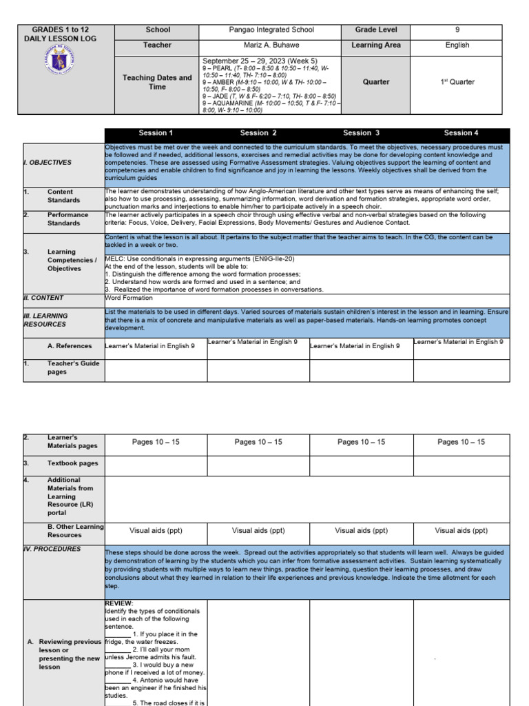 Grade 9 English Daily Lesson Plan | PDF | Learning | Teachers
