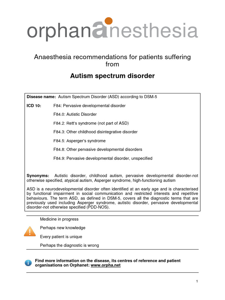 Anaesthesia in Autism Spectrum Disorder | PDF | Autism Spectrum ...
