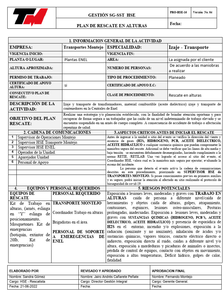 Pro hse 16 procedimiento para el rescate en alturas 15 07 2022 pdf
