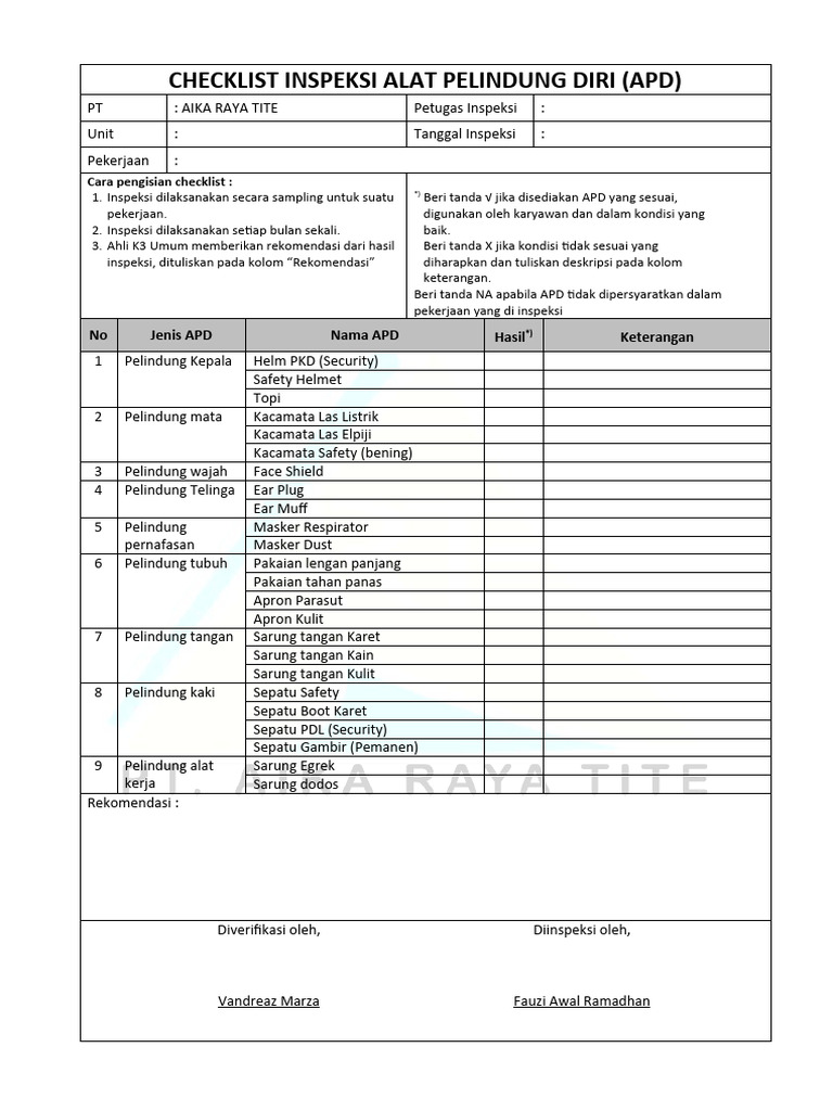 Checklist Inspeksi APD Bulanan | PDF
