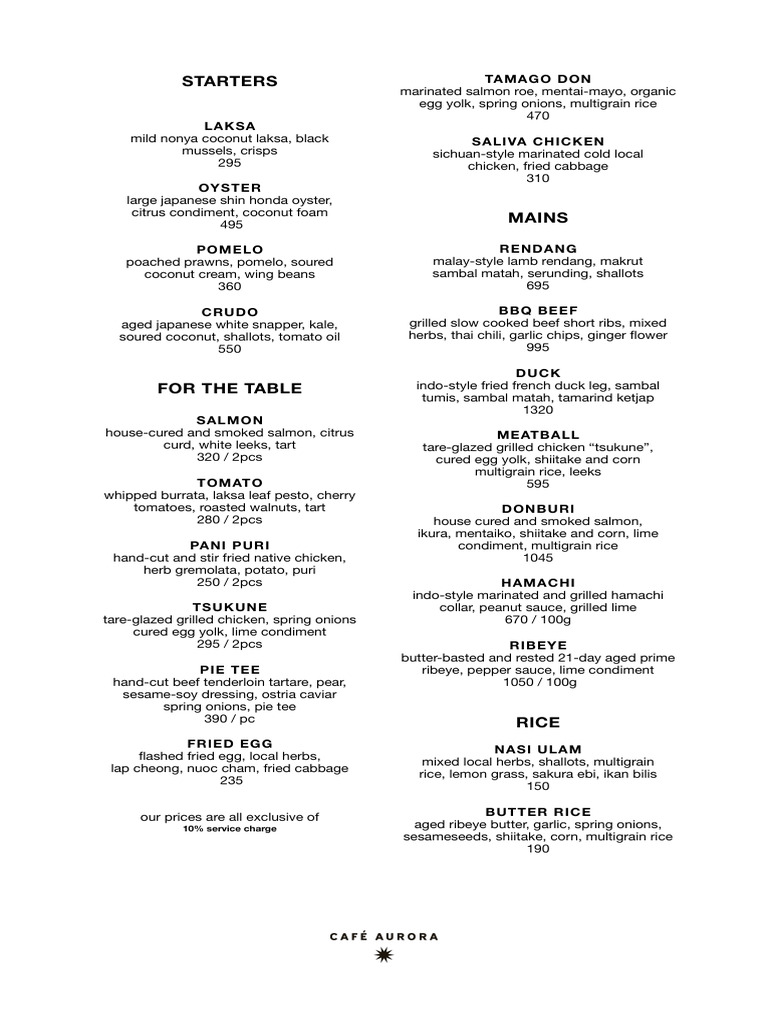 Aurora Restaurant Menu Overview | PDF