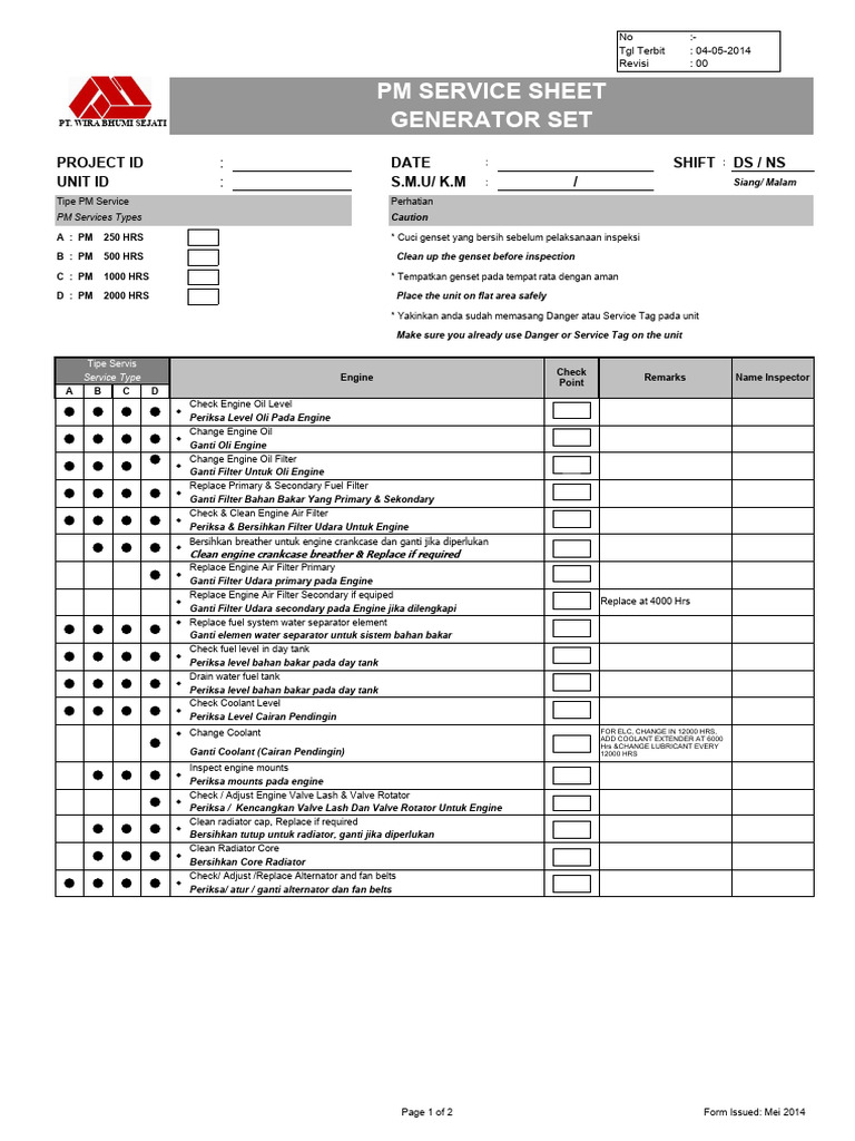 Generator Set PM Service Sheet | PDF | Engineering | Engine Technology