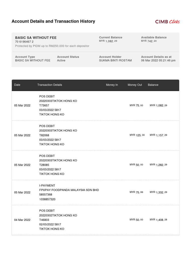 Account Details and Transaction History: Basic Sa Without Fee | PDF ...