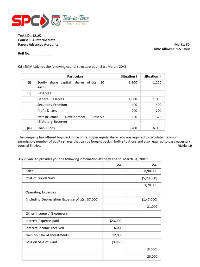 Adv Accounts Test 13 Apr QP | PDF | Balance Sheet | Expense