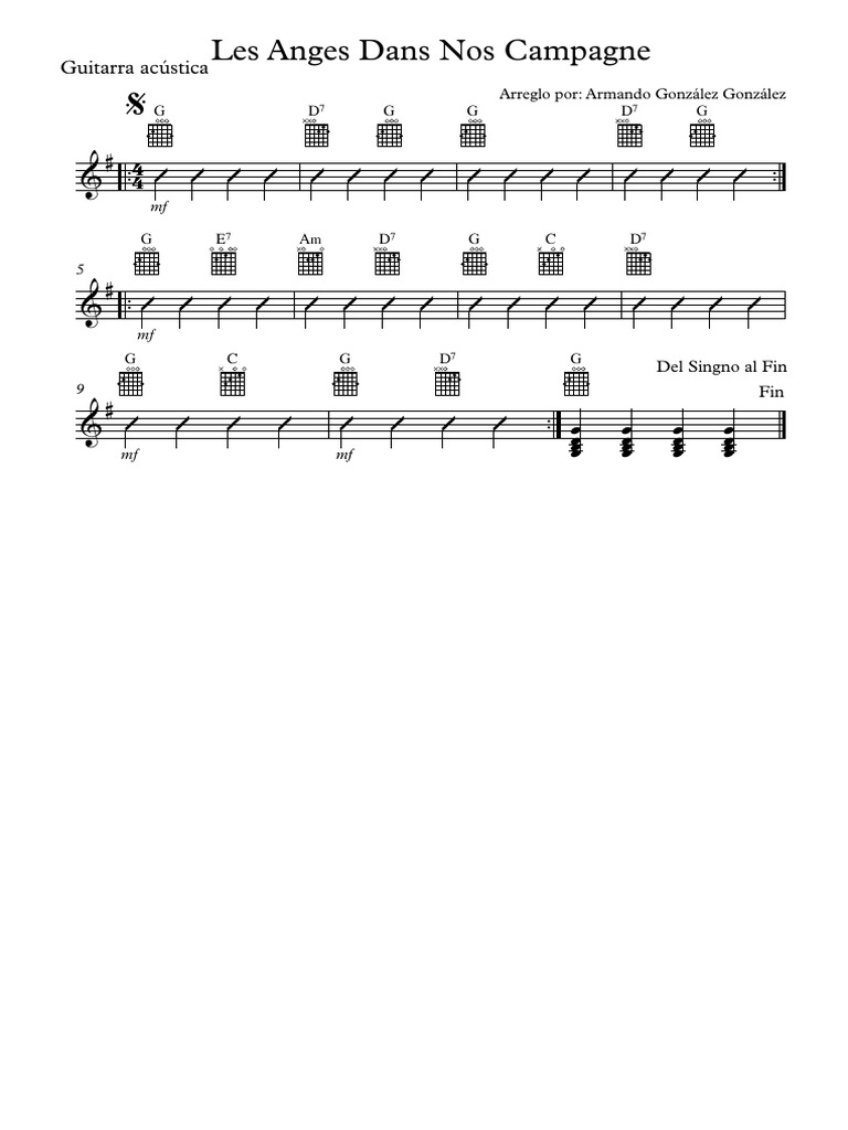 Partitura para guitarra de Les Anges Dans Nos Campagnes con acordes y tablatura para acompañamiento