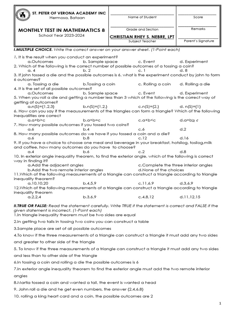 Fourth Monthly Exam in Math8 | PDF | Tests