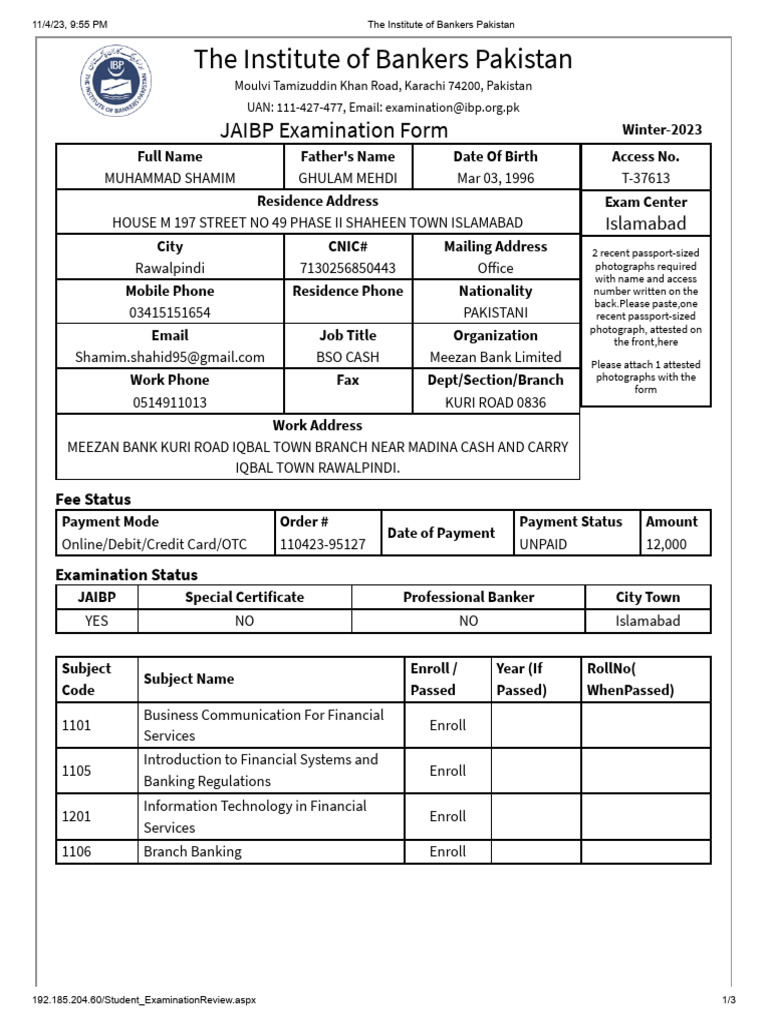 JAIBP Examination Form Winter 2023 | PDF