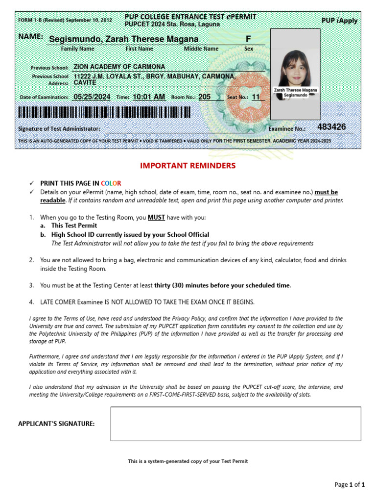 PUP Entrance Test ePermit 2024 | PDF | Computing