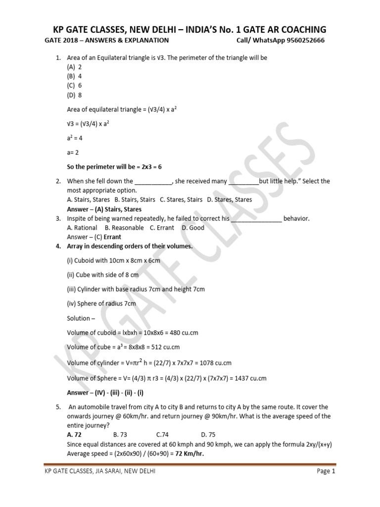 GATE AR 2018 Previous Year Question Paper With Solution | PDF | Humidity