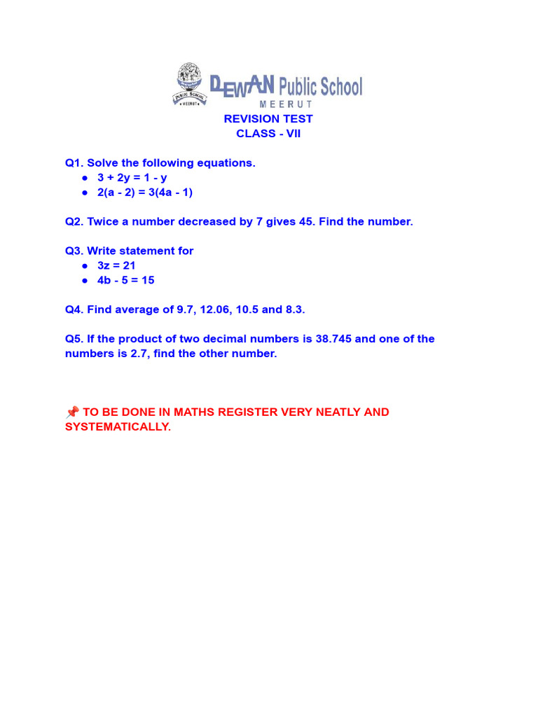 Maths Revision Test (Vii) 22 May' 24 | PDF | Teaching Methods ...