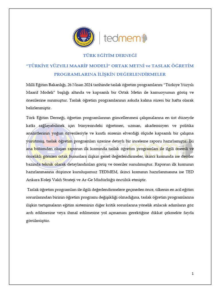 Türk Eğitim Derneği Raporu Maarif Modeli | PDF