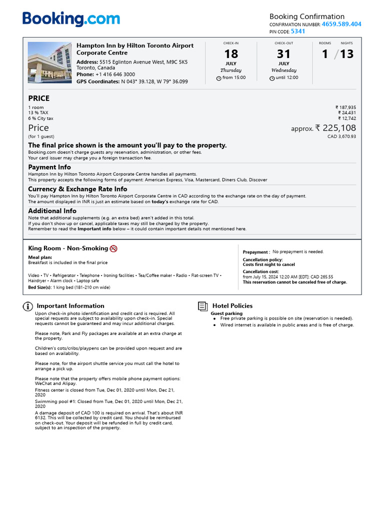 Hampton Inn Toronto Airport Booking Info | PDF | Payments | Visa Inc.
